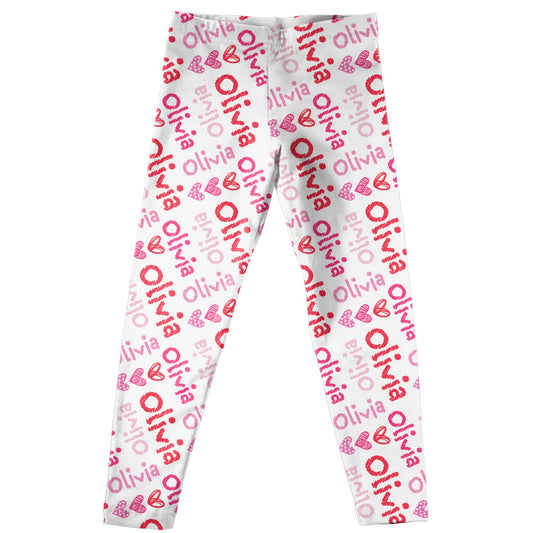 Hearts Name Print White Leggings - Wimziy&Co.