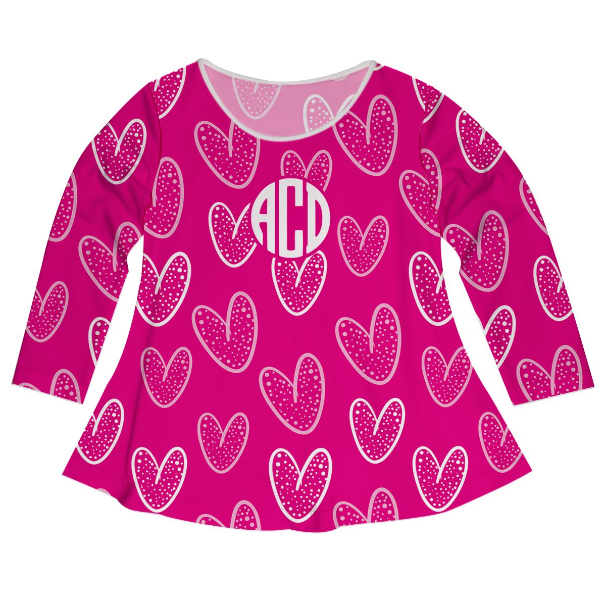 Hearts Print Monogram Hot Pink Long Sleeve Laurie Top - Wimziy&Co.