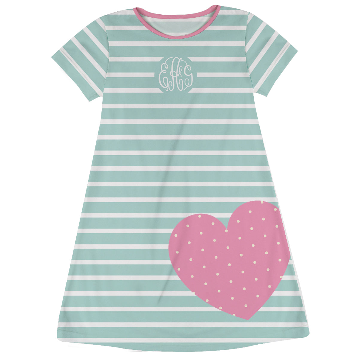 Heart Monogram White and Mint Stripes Short Sleeve A Line Dress - Wimziy&Co.