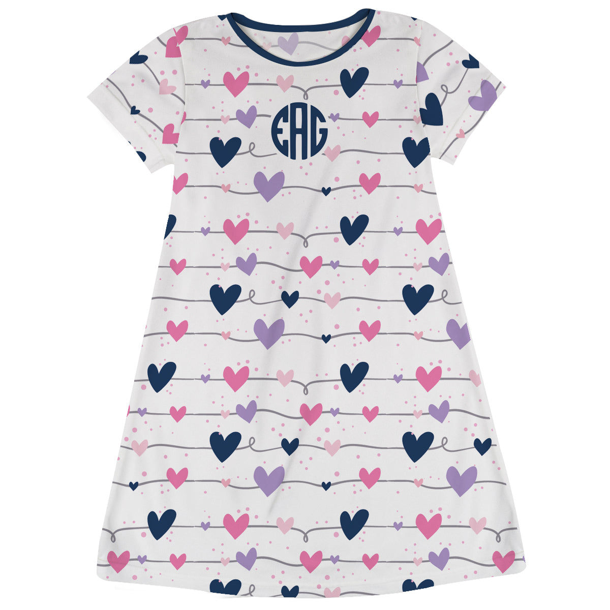 Hearts Print Monogram White Short Sleeve A Line Dress - Wimziy&Co.