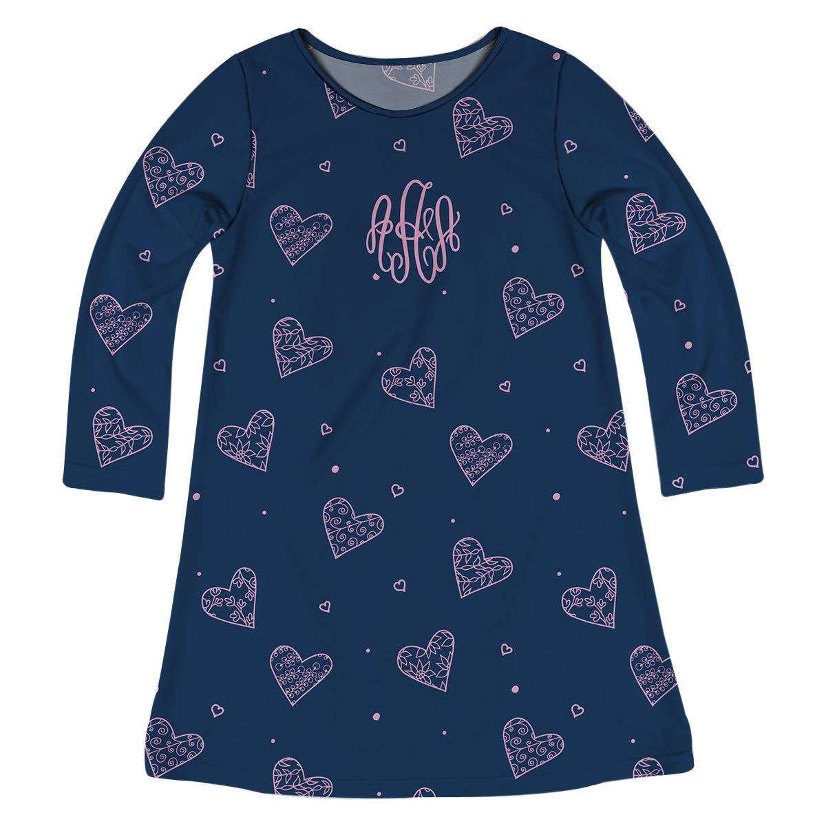 Hearts Print Monogram Navy Long Sleeve  A Line Dress - Wimziy&Co.