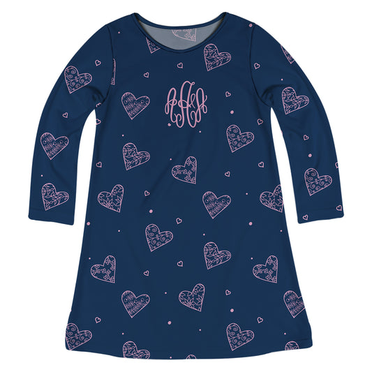 Hearts Print Monogram Navy Long Sleeve  A Line Dress - Wimziy&Co.