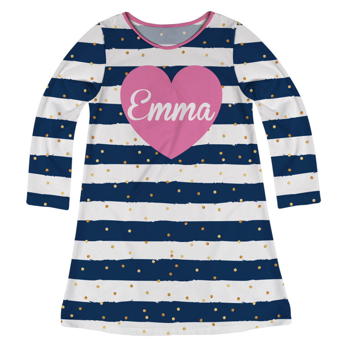 Heart Name White And Navy Stripes Long Sleeve A Line Dress - Wimziy&Co.