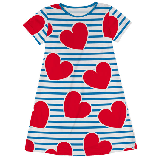 Hearts White And Blue Stripes Short Sleeve A Line Dress - Wimziy&Co.