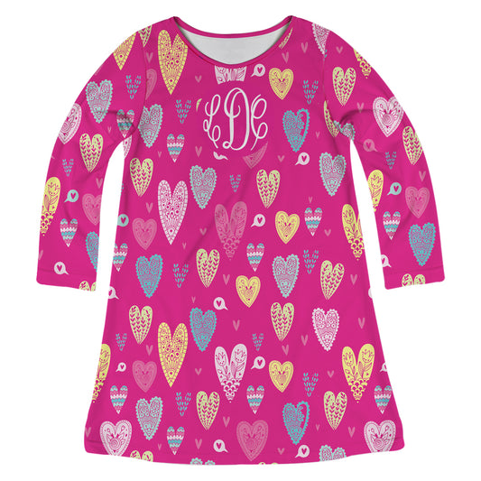 Hearts Print Monogram Hot Pink Long Sleeve A Line Dress - Wimziy&Co.