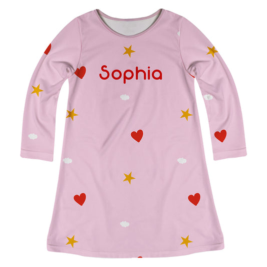 Stars and Hearts Print Name Pink Long Sleeve A Line Dress - Wimziy&Co.