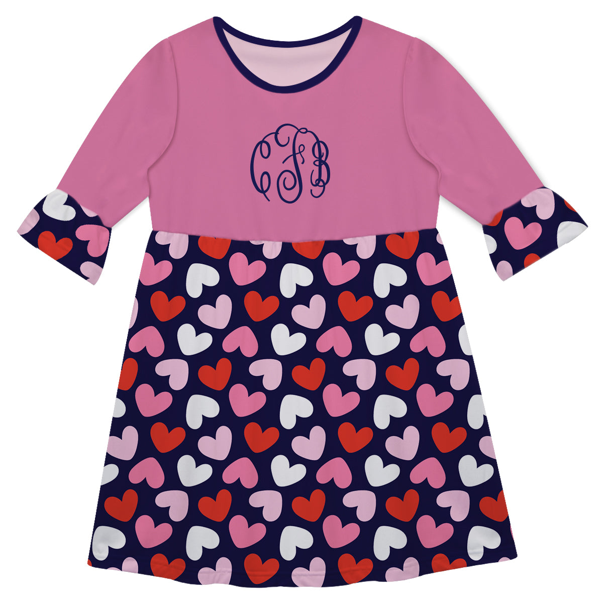 Hearts Monogram Navy and Pink Amy Dress Three Quarter Sleeve - Wimziy&Co.