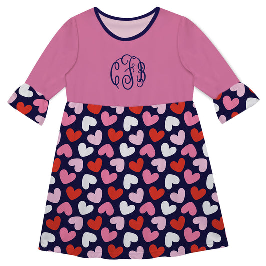 Hearts Monogram Navy and Pink Amy Dress Three Quarter Sleeve - Wimziy&Co.