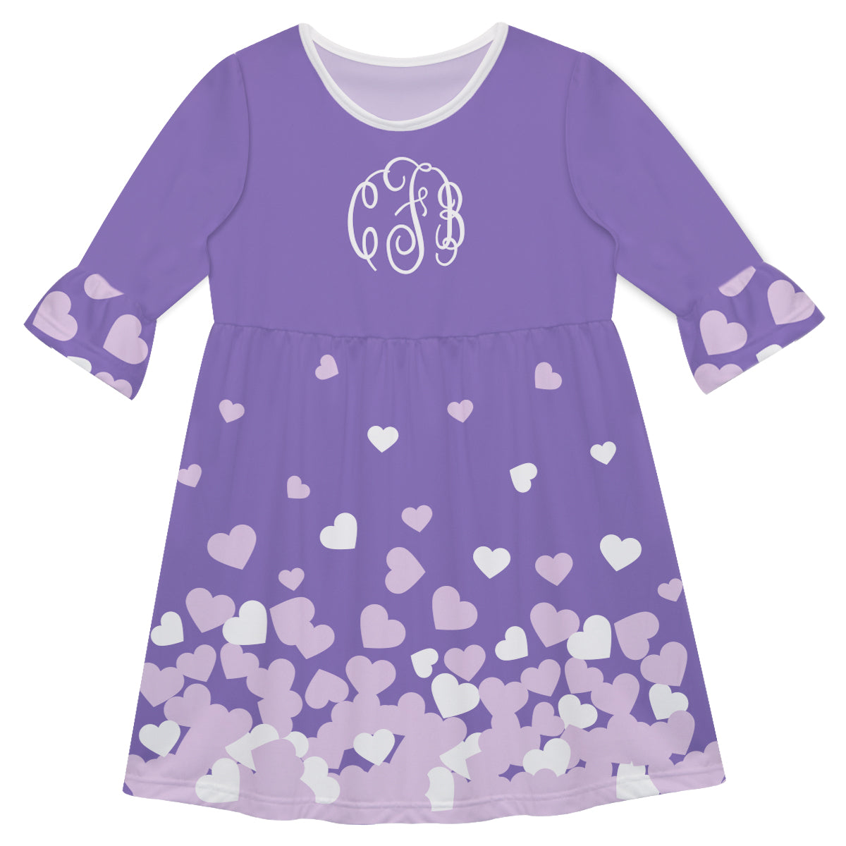 Hearts Print Monogram Purple Amy Dress Three Quarter Sleeve - Wimziy&Co.