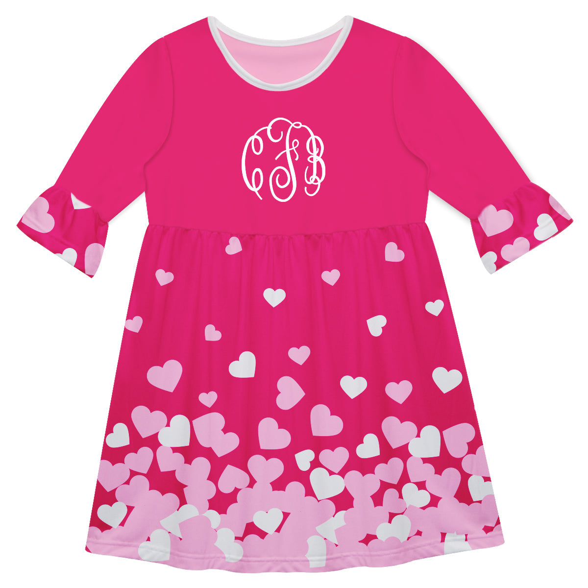 Hearts Print Monogram Hot Pink Amy Dress Three Quarter Sleeve - Wimziy&Co.