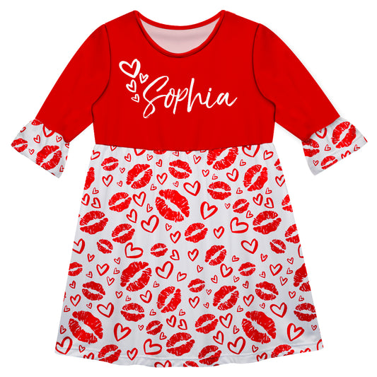 Hearts Print Name White and Red Amy Dress Three quarter Sleeve - Wimziy&Co.