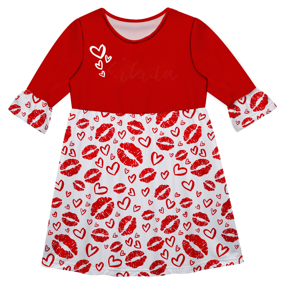 Hearts Print Name White and Red Amy Dress Three quarter Sleeve - Wimziy&Co.