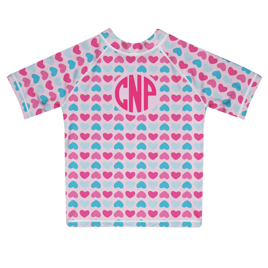 Hearts Print Monogram Pink Short Sleeve Rash Guard - Wimziy&Co.