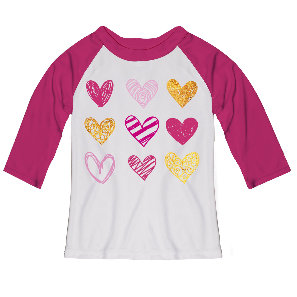 Hearts White and Pink Raglan Tee Shirt Three Quarter Sleeve - Wimziy&Co.