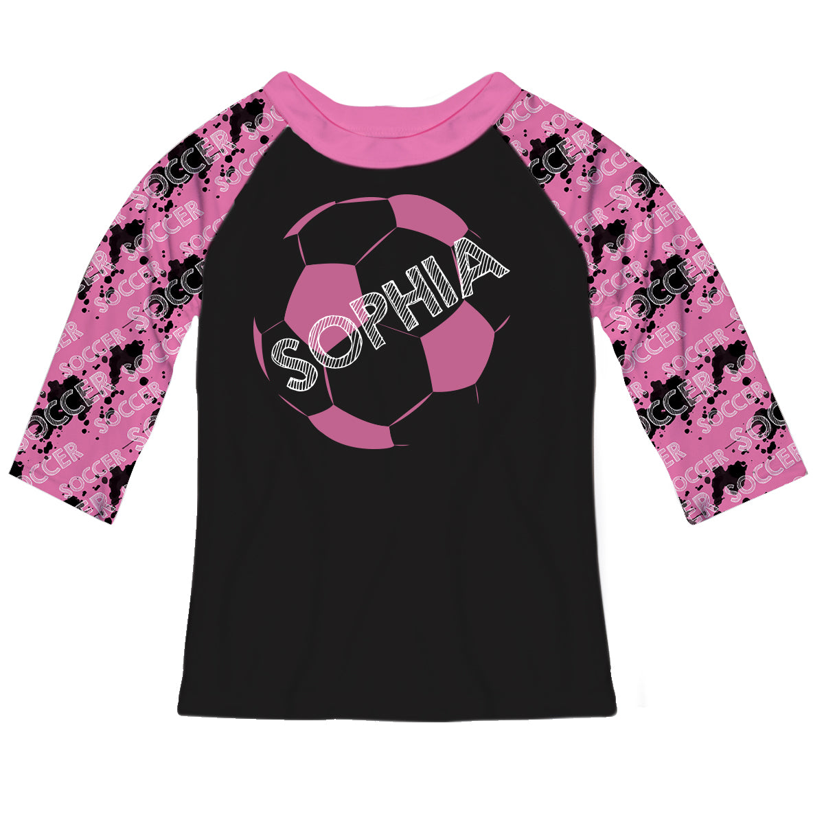 Soccer Ball Name Black and Pink Raglan Tee Shirt 3/4 Sleeve